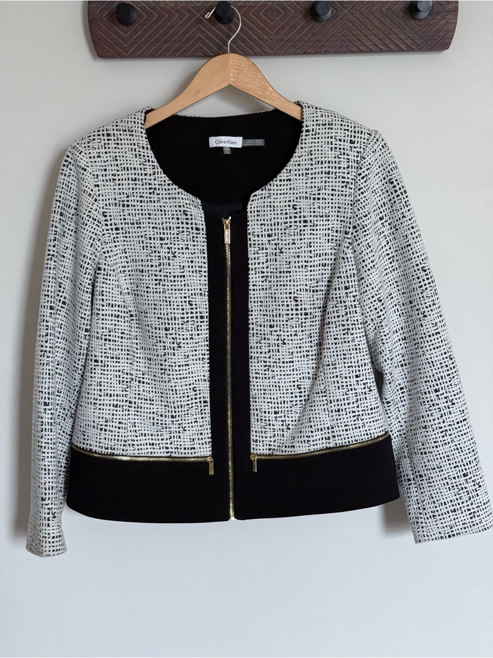 Calvin Klein White Black Textured Zipper Front Blazer Jacket Size 16